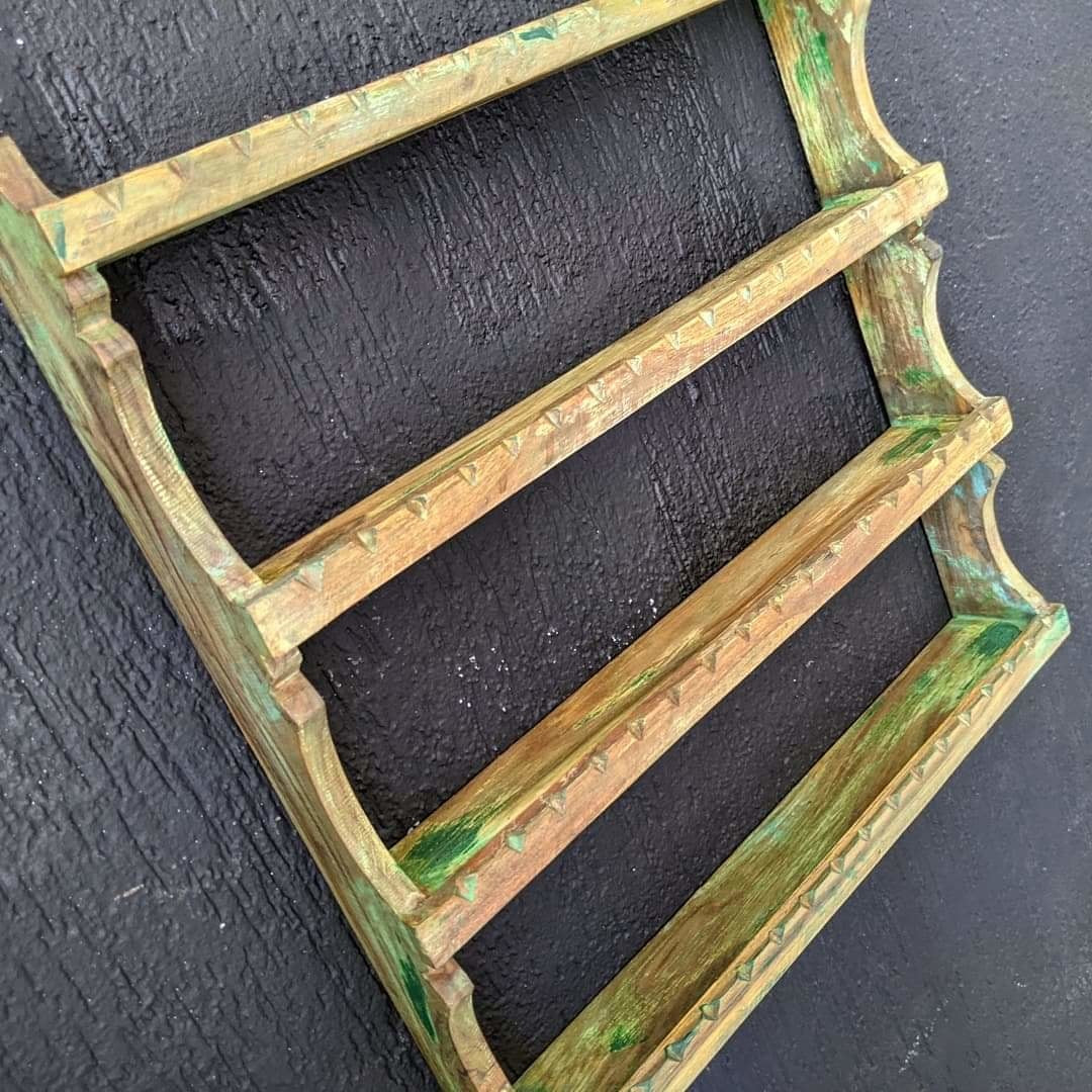 Wooden spice rack green vintage look 4 shelves